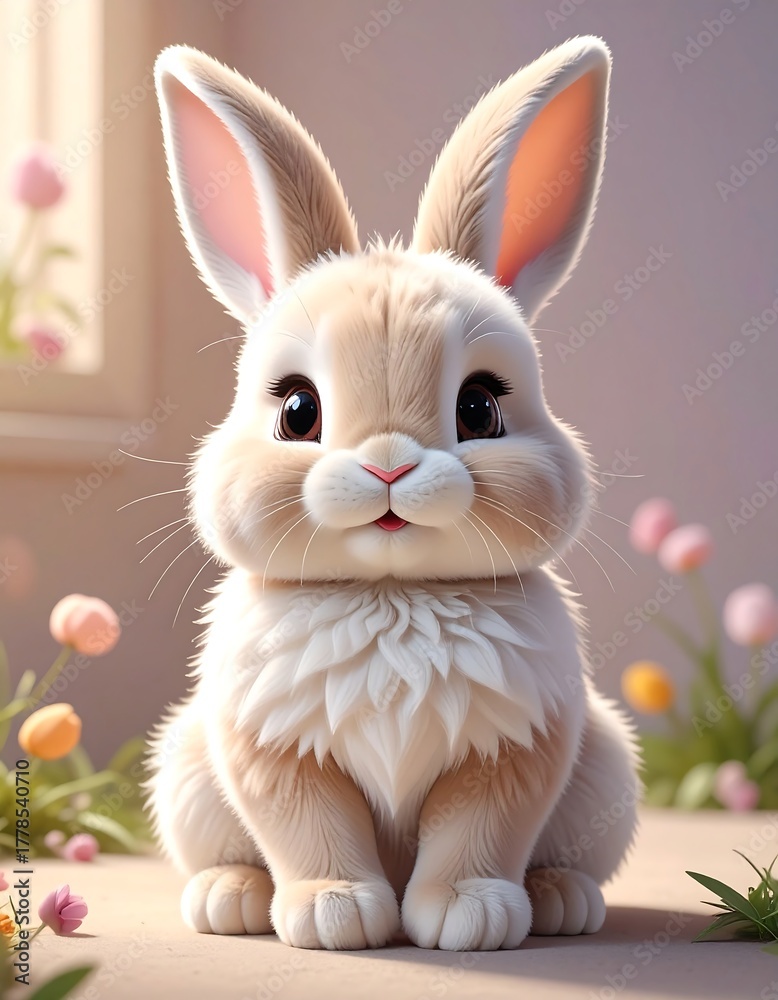 Obraz premium A fluffy, adorable bunny with big, dark eyes sits. Soft, creamy fur covers the body, with long ears. A sweet, innocent look