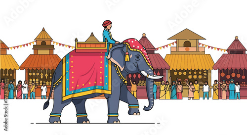 Illustration of an elephant with a rider in traditional attire walking in front of colorful buildings and a crowd.