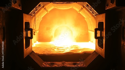 ontology. Industrial furnace observation window showing molten metal with intense glow. safety posters, maintenance manuals, designed for industrial assembly lines and welding operations.