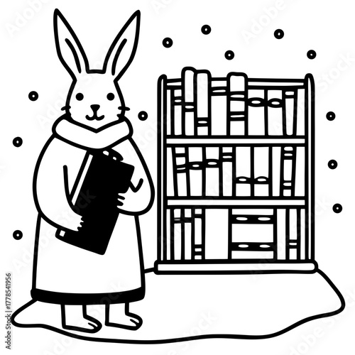 A rabbit librarian with a bookshelf in a snowy scene
