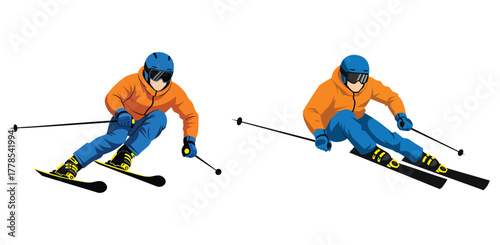 Exciting skiing adventure featuring a dynamic skier speeding down the mountain, ready for thrilling outdoor winter sports and recreation activities, fun sport