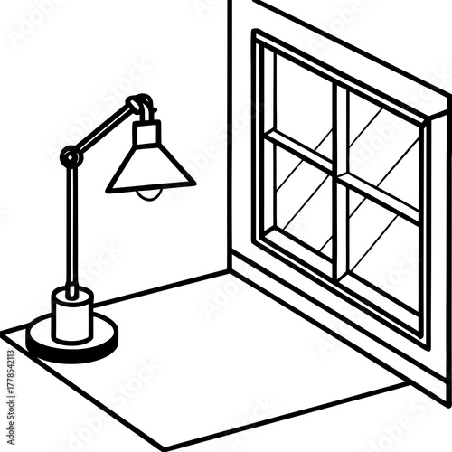 Isometric illustration of a lamp and window