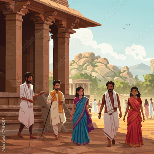 Group of people in traditional Indian clothing walking in front of a temple with a scenic mountainous background.