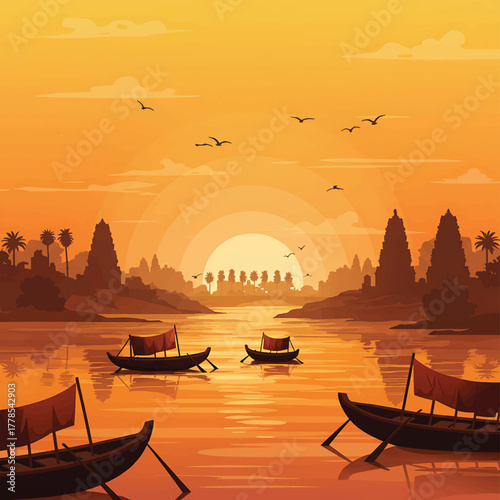 Illustration of boats on a serene river with a vibrant orange sunset and silhouetted trees in the background.