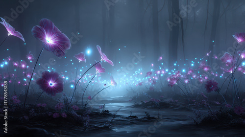 Surreal glowing garden scene with luminous flowers and ethereal lights illuminating misty forest. enchanting atmosphere evokes sense of wonder and tranquility