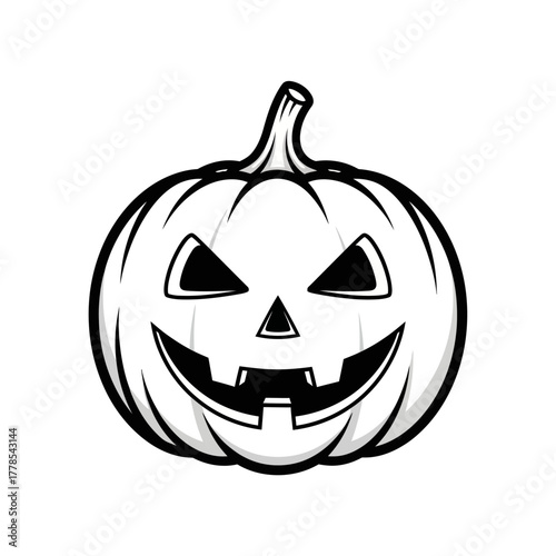A classic black and white illustration of a carved Halloween pumpkin with a spooky, grinning face, perfect for seasonal decorations and invitations.