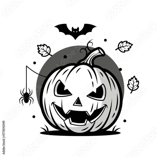 A classic black and white illustration featuring a grinning Jack-o'-lantern surrounded by spooky Halloween elements like a bat and spider.