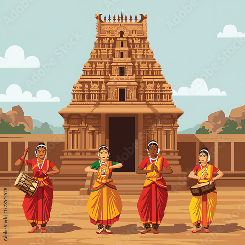 Illustration of four traditional Indian dancers performing in front of a temple with a temple tower in the background.