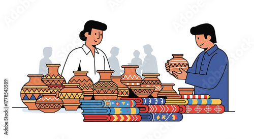 Two men selling colorful pottery and textiles at a market stall with a white background.