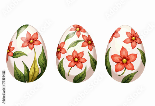 Three Beautifully Decorated Easter Eggs Featuring Vibrant Red Flowers and Green Leaves on Creamy Background Artfully Arranged in a Symmetrical Display