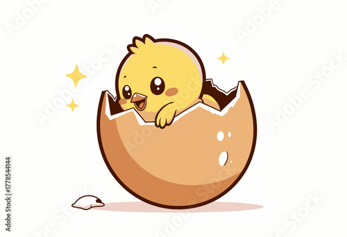 Adorable Cartoon Chick Playfully Peeking Out from a Cracked Eggshell with Sparkles
