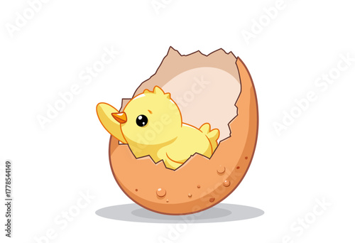 Adorable Cartoon Chick Emerging from a Cracked Egg in a Lighthearted Illustration