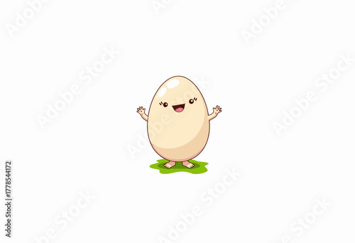 Adorable Cartoon Egg with Cute Facial Expressions and Tiny Feet on Green Patch of Grass Against White Background