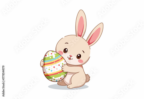 Adorable Cartoon Bunny Holding a Colorful Decorated Egg in a Joyful Springtime Illustration with Festive Easter Celebrations Theme