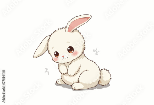 Adorable Fluffy White Bunny with Pink Ears and Big Eyes Sitting in a Cute Pose on a Simple White Background