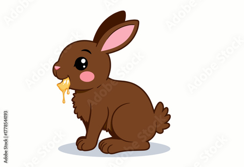 Adorable Brown Cartoon Rabbit with Pink Cheeks Eating a Gooey Carrot on a Clean White Background