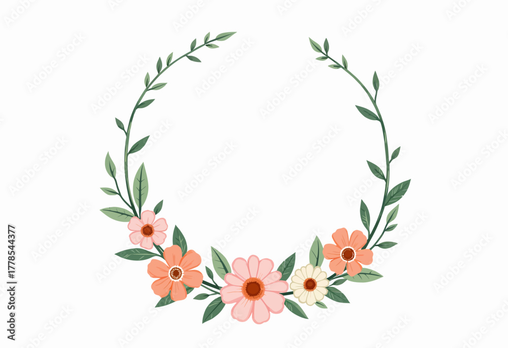 Naklejka premium Delicate Floral Wreath with Pink, Orange, and White Flowers and Green Leaves Crafting a Beautiful Minimalist Frame on a White Background