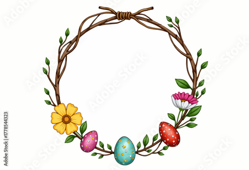 Decorative Floral and Egg Wreath with Twisted Vines and Vibrant Colors for Seasonal Celebration or Springtime Decoration