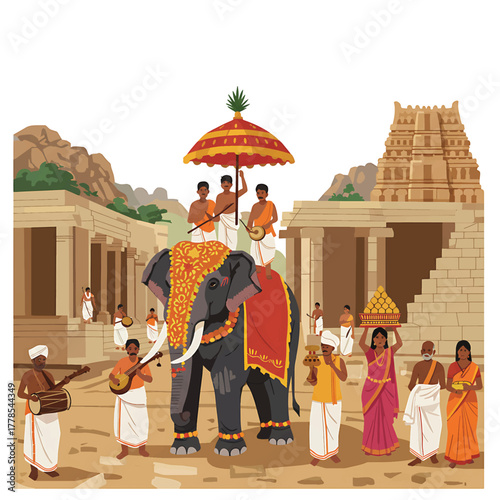Traditional Indian procession with decorated elephant and people in cultural attire in front of a temple