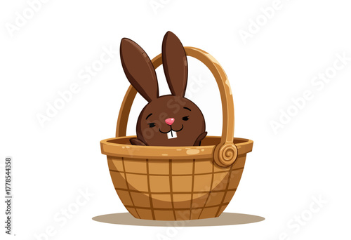 Adorable Cartoon Chocolate Bunny Relaxing Comfortably Inside a Simple Wicker Basket with a Curved Handle on a Soft Neutral Background