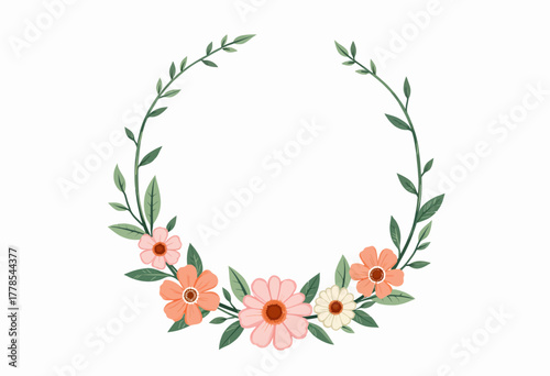 Delicate Floral Wreath with Pink, Orange, and White Flowers and Green Leaves Crafting a Beautiful Minimalist Frame on a White Background