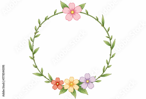 Delicately Arranged Circular Wreath of Colorful Blossoms with Green Leaves on a Simple White Background Creating a Symmetrical Floral Design