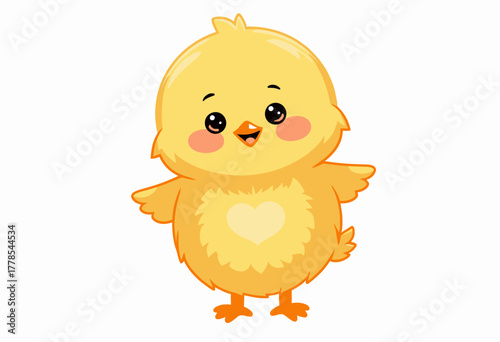 Adorable Cartoon Chick Character With Heart Marked Fluffy Yellow Feathers and Cheerful Expression on a White Background