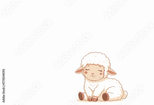Adorable Cartoon Lamb Sitting Peacefully with Eyes Closed on White Background - Whimsical Illustration of a Young Fluffy Sheep in a Serene Pose
