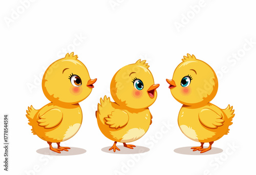 Illustration of Three Adorable Animated Yellow Chicks Engaged in a Cheerful Conversation on a White Background, Displaying Expressive Eyes and Fluffy Feathers