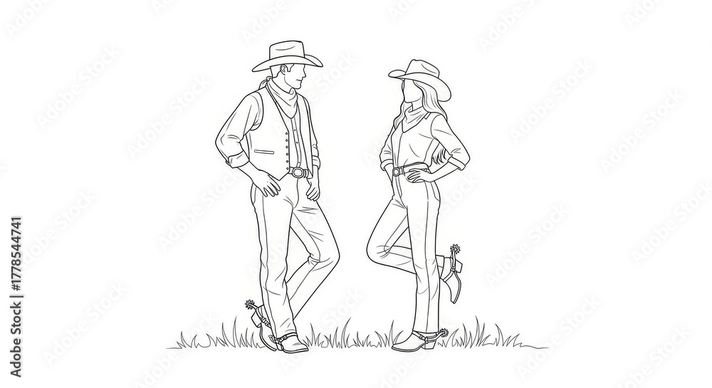 Fototapeta premium Cowboy and Cowgirl Silhouette ,Western Couple Outline Art in Minimalist Country Style