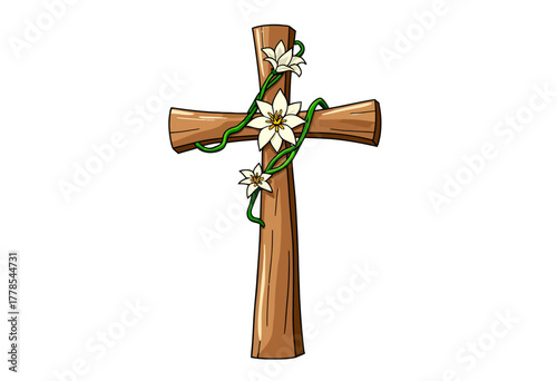 Wooden Cross Adorned with Delicate White Flowers and Vines Symbolizing Peaceful Serenity and Natural Harmony