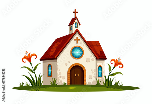 Charming Chapel Illustration with Red Roof and Floral Accents on a Lush Green Lawn Depicting a Rustic Country Style Religious Building