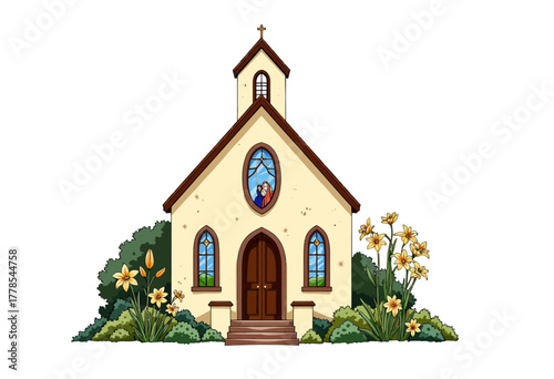 Illustration of a Charming Country Church with Colorful Flowers and Stained Glass Windows Surrounded by Lush Greenery and a Clear Blue Sky