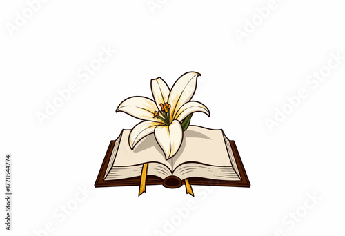 Elegant Illustration of a Blooming White Lily on an Open Book with Decorative Ribbons Symbolizing Knowledge and Purity