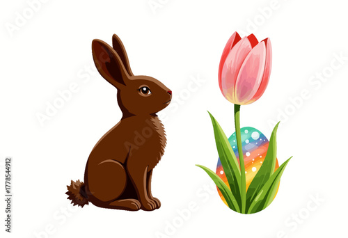 Charming Brown Bunny Sitting Beside a Vibrant Red Tulip and Colorful Patterned Easter Egg Amidst a White Background