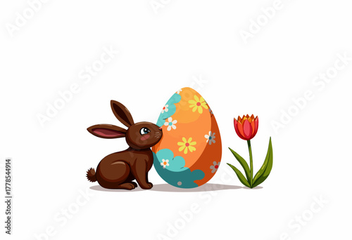 Cute Brown Bunny with Large Colorful Floral Decorated Easter Egg and Single Red Tulip on White Background Illustrating Spring Festivity