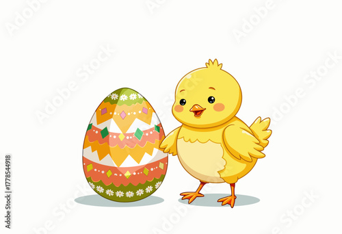 Adorable Cartoon Chick Standing Beside a Colorful Decorated Easter Egg with Intricate Patterns and Delicate Floral Motifs on a White Background