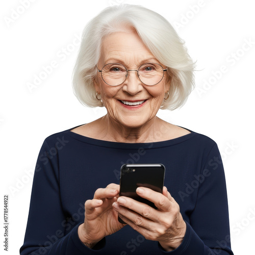 Smiling elderly woman holding a smartphone isolated on transparent background