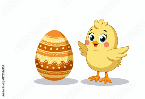 Adorable Cartoon Chick Standing Next to a Beautifully Decorated Easter Egg with Patterns on a Clean White Background