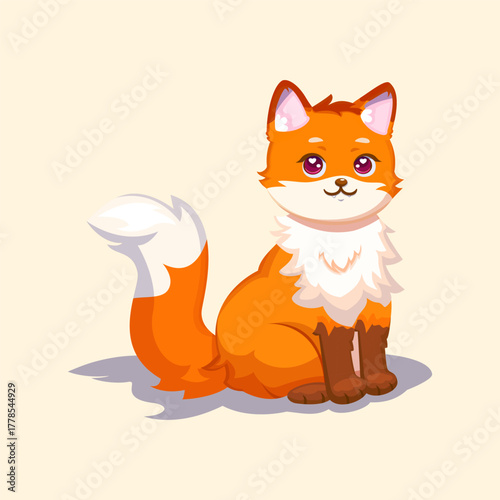 Cute fox sitting and smiling warmly in adorable cartoon illustration.