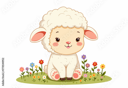 Adorable Cartoon Lamb Sitting Among Colorful Wildflowers in a Vibrant Meadow Scene With Soft, Fluffy Wool and Cute Expression, Capturing Youthful Innocence