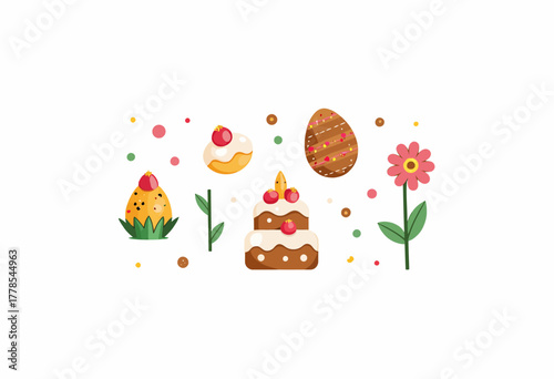 Colorful Easter-themed illustration featuring decorated eggs, festive cakes with icing and strawberries, and bright floral elements on a white background.