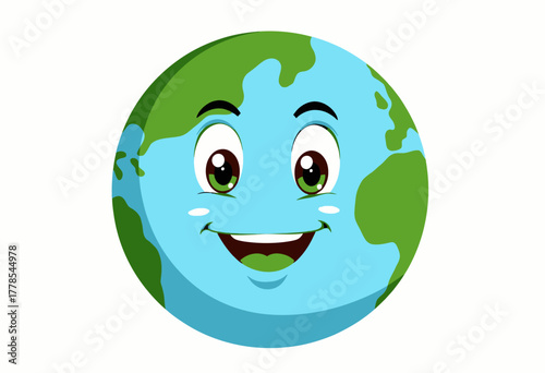 Happy Earth Cartoon: Colorful Illustration of Smiling Planet with Expressive Eyes, Joyful Expression and Green-Blue Continent Design in Simple Art Style
