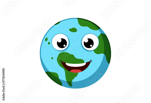 Smiling Earth Illustration with Cute Cartoon Face and Green Continents on a Blue Planet