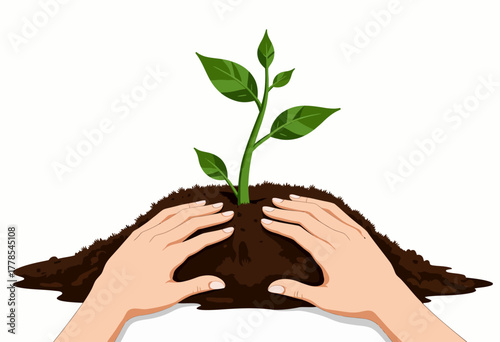 Illustration Depicting Hands Gently Covering Soil Around a Young Green Plant Sprouting New Leaves Emphasizing Growth and Environmental Care