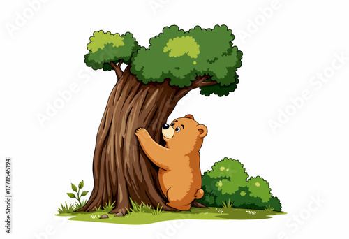 A cute cartoon bear hugging a large tree in an idyllic forest setting, surrounded by lush greenery and small bushes with a peaceful expression