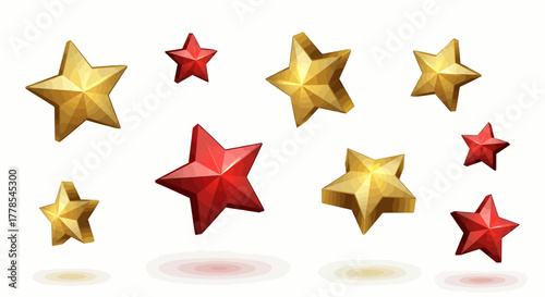 Floating 3D Gold and Red Stars Illustration, White Background, Graphic Art, Front View, GALIH (91).eps Concept