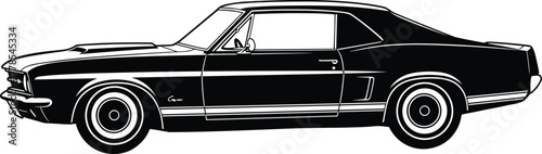 Black silhouette vector illustration of a classic American muscle car coupe from the 1960s, featuring side profile view, ideal for retro automotive branding and merchandise.