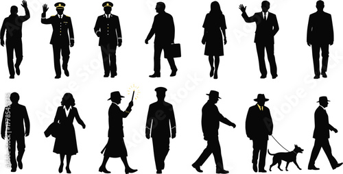 Diverse professional people silhouettes set, various occupations and careers walking, standing figures, essential resource for business, government, and lifestyle concepts, isolated white background