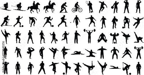 Diverse Sports People Silhouettes Vector Set, Collection of Athletes in Various Action Poses, Fitness, Training, and Exercise Graphic Elements, Olympic Games Competition Icons Black